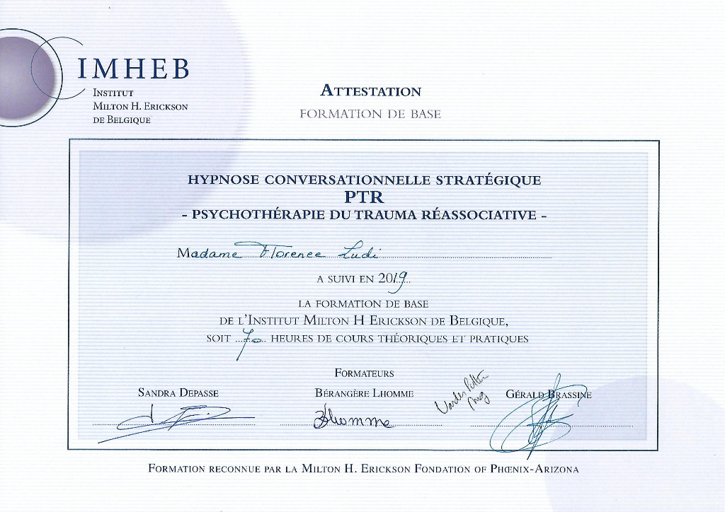 photo diplome Florence Claire Ludi - Hypnose conversationnelle