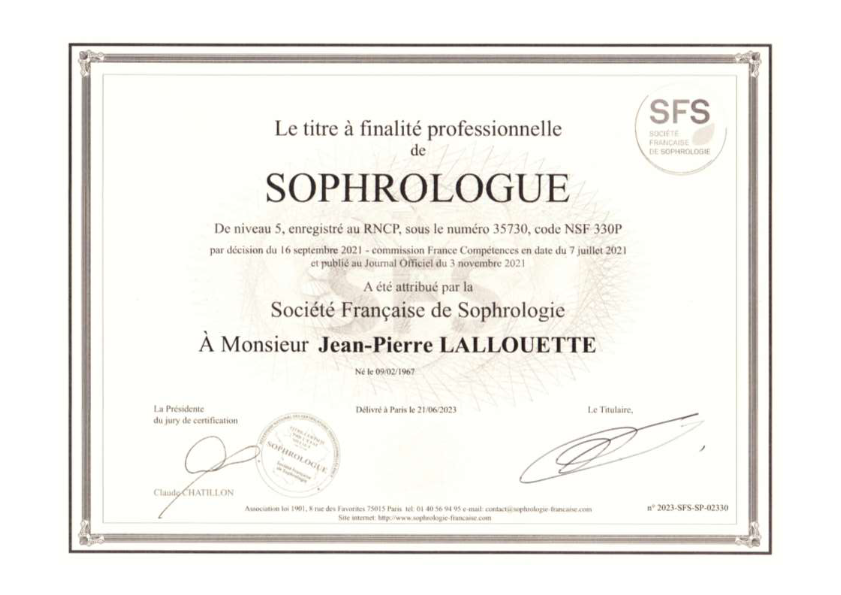 photo diplome Jean-Pierre LALLOUETTE - SOPRHOLOGUE Certifié