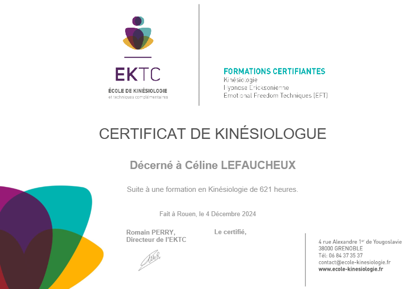 photo diplome Céline Lefaucheux - Kinésensoriel