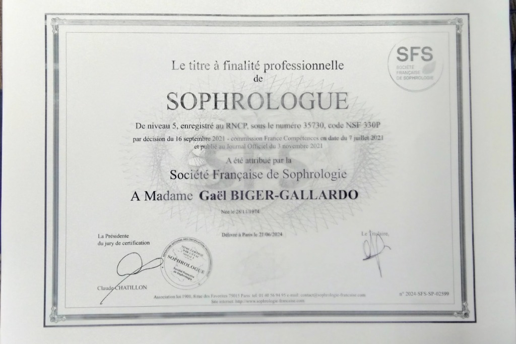 photo diplome Gael Sophrologie