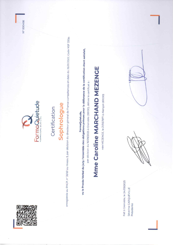 photo diplome Caroline Sophrologie