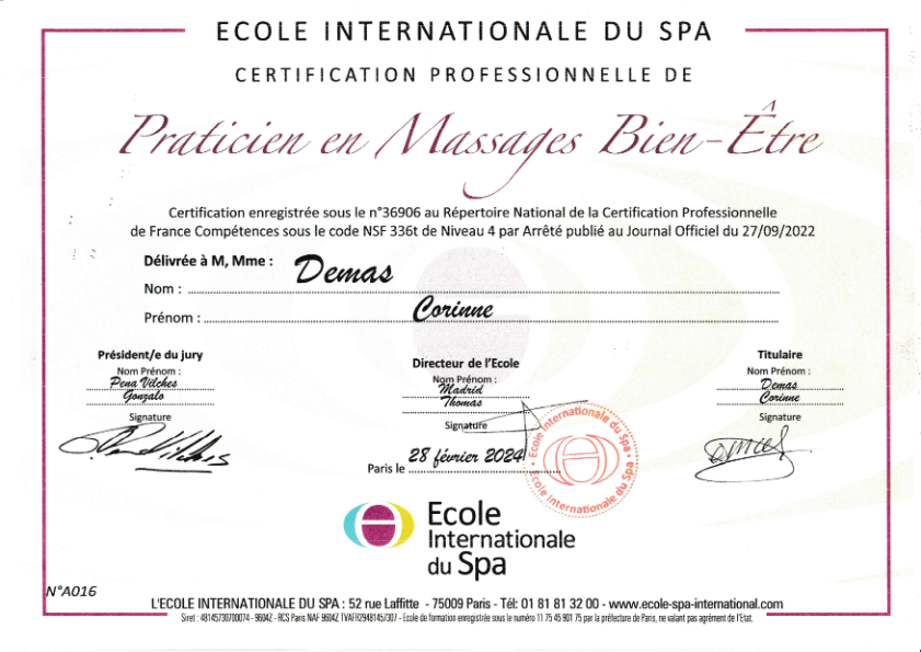 photo diplome Cocon Demassage