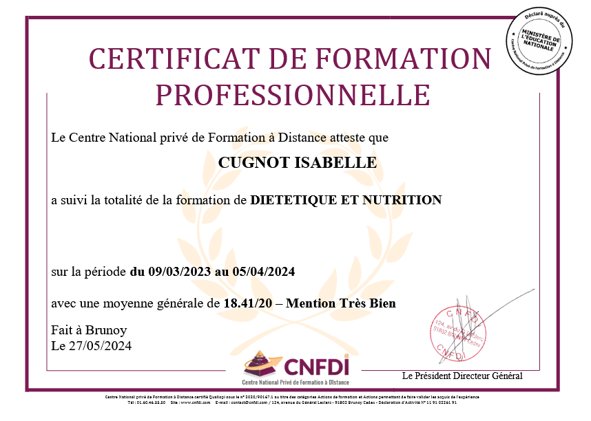 photo diplome Equilibre et forme avec Isabelle Cugnot