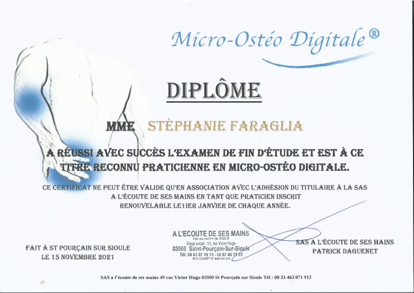 photo diplome Vivre son corps en Micro Ostéo Digitale