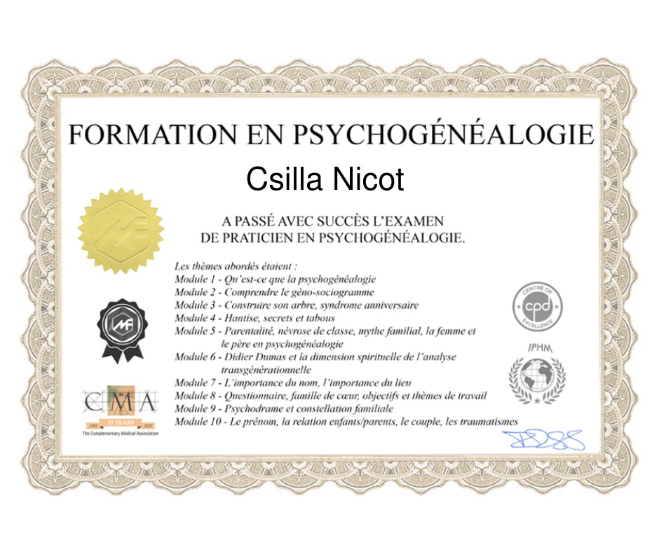 photo diplome Csilla Nicot Thérapeute