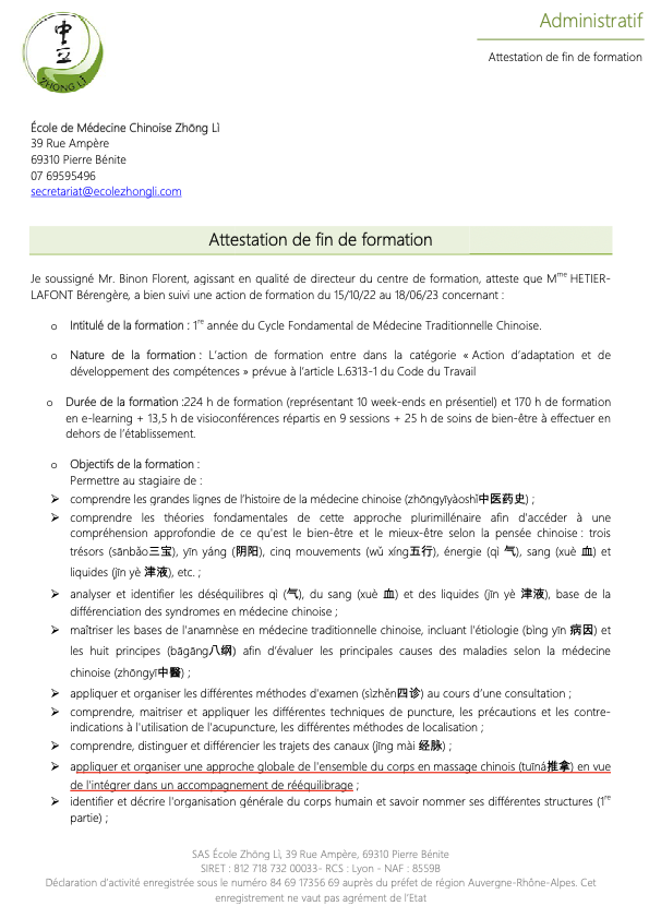 photo diplome Bérengère Hetier Lafont - yinyangtherapy