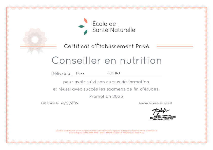 photo diplome Hava Suchait Nutrition