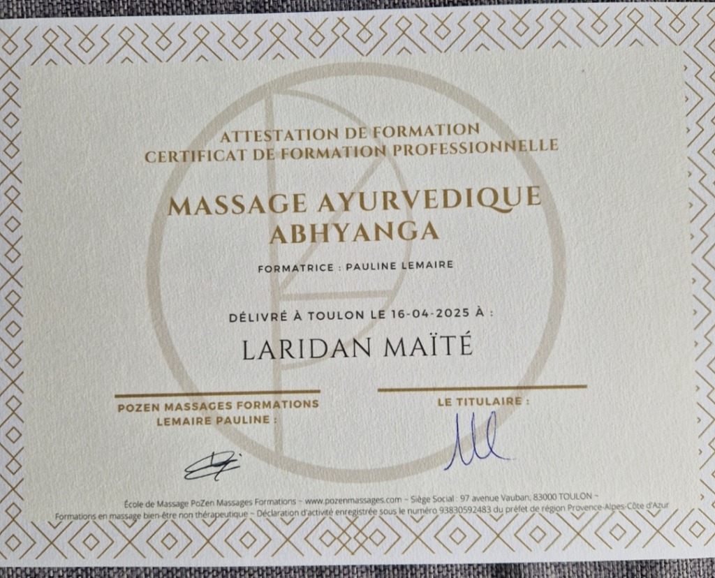 photo diplome Ojasana massages