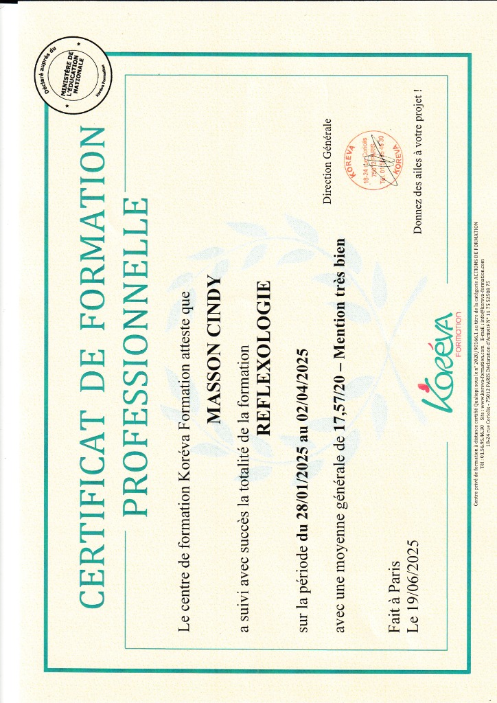 photo diplome Cocon de Douceurs-Sophrologie et Réflexologie