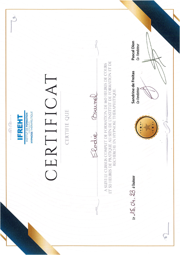 photo diplome Elodie Brunel Hypnothérapeute Certifiée