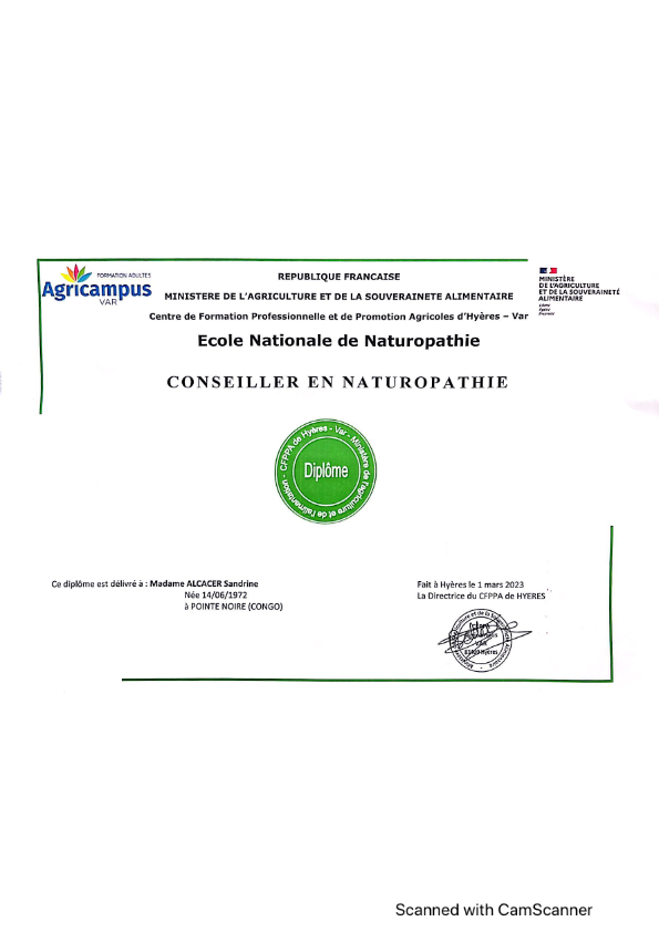 photo diplome Sandrine Alcacer Naturopathe et Réflexologue 