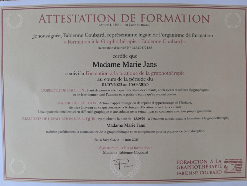 photo diplome Marie Jans graphothérapeute 