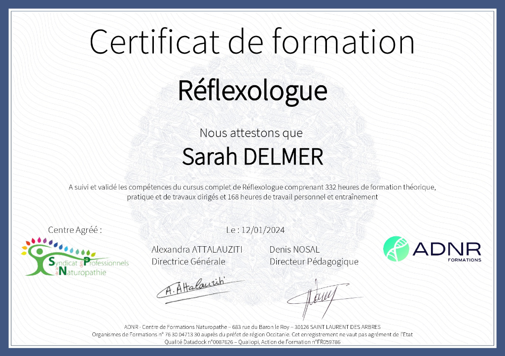 photo diplome Sarah Delmer - Naturopathie et Réflexologie