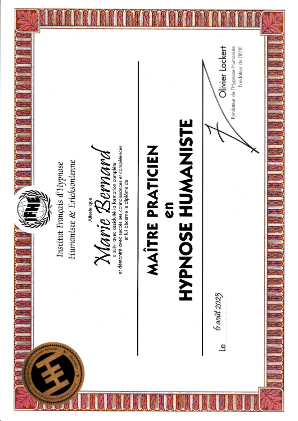 photo diplome Marie BERNARD - Hypnothérapeute & Doula
