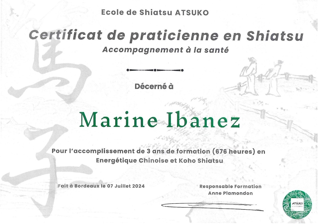 photo diplome Marine Shiatsu - Atelier du Hara