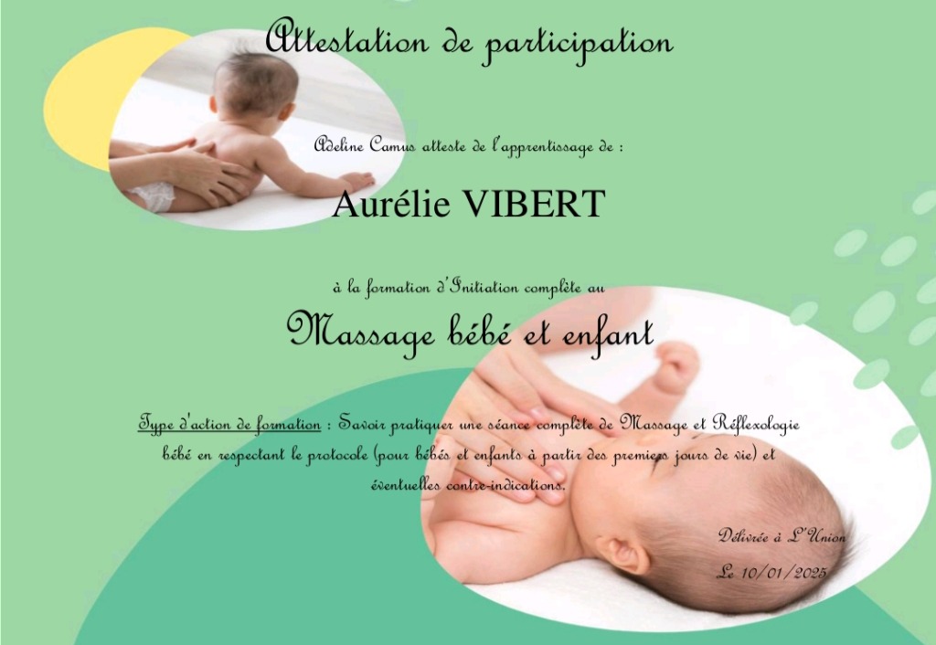 photo diplome Fri-mousse Ateliers massage bébé 