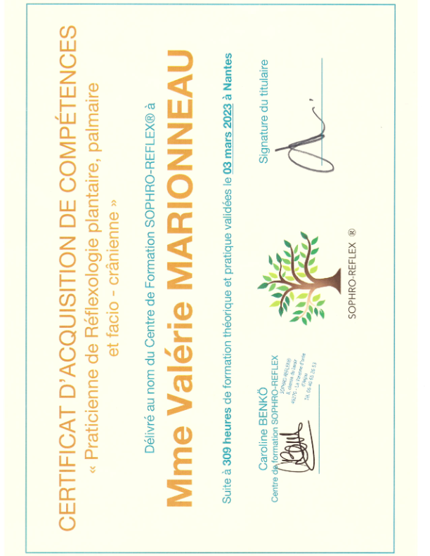 photo diplome Valérie Marionneau REFLEXOVAL