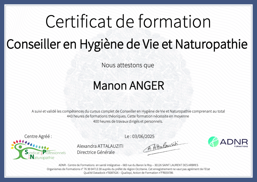 photo diplome Manon ANGER - Conseillère Naturopathie Puilboreau