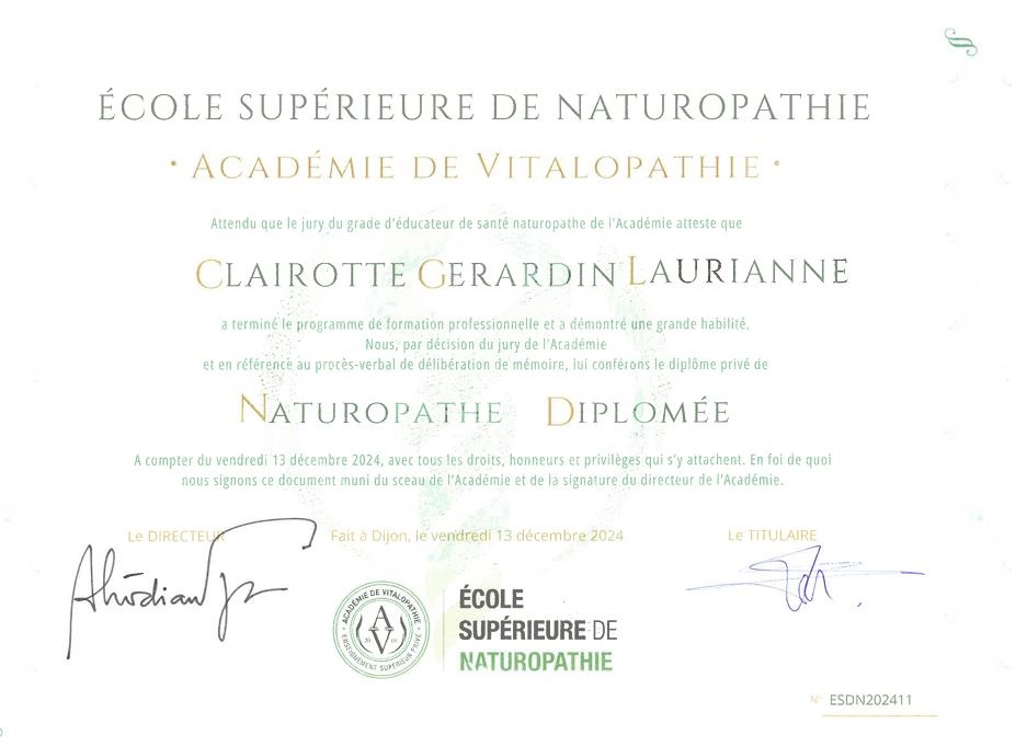 photo diplome Corps à Cœur Naturopathie