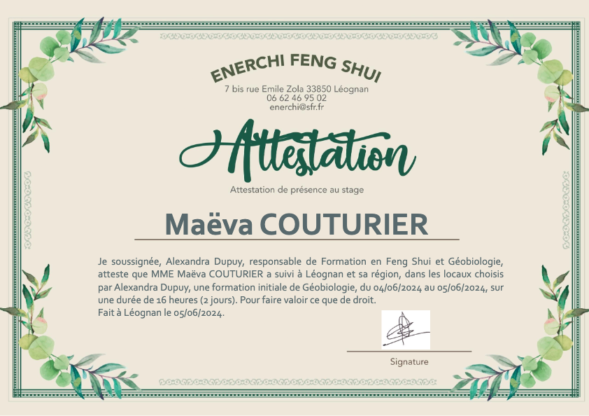 photo diplome Maëva Couturier (Almaé Feng Shui)