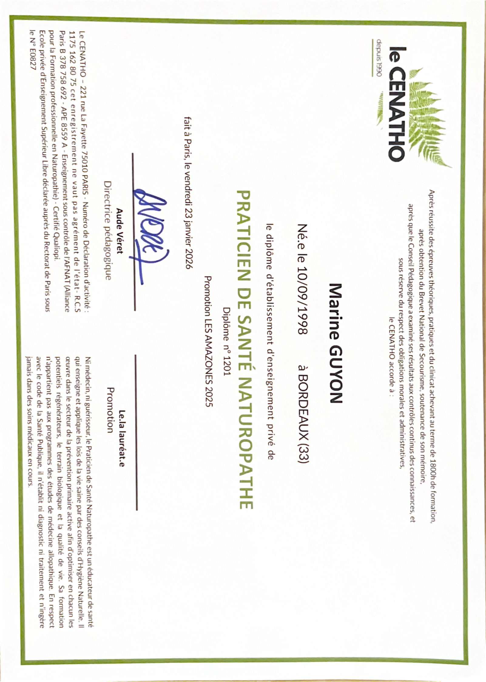 photo diplome Marine Guyon - Naturopathe Montpellier