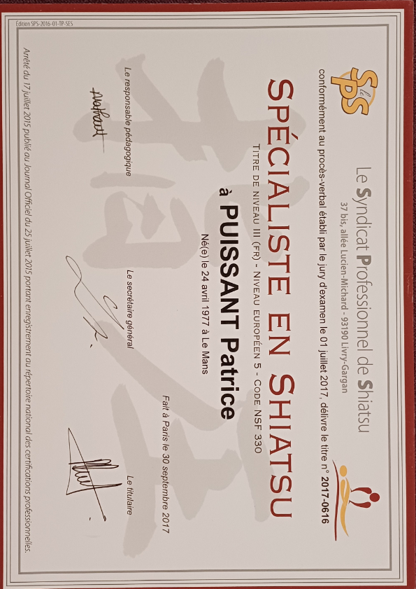 photo diplome Patrice Puissant Shiatsu Hypnose Pnl