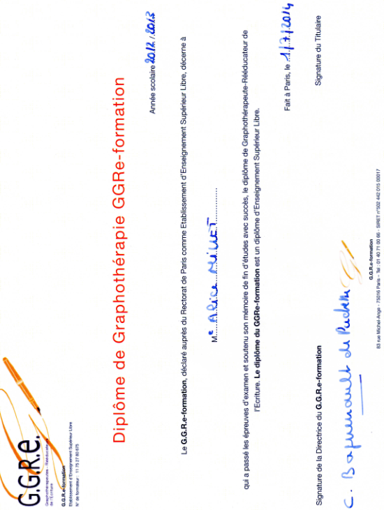 photo diplome Alice Millet Graphothérapie