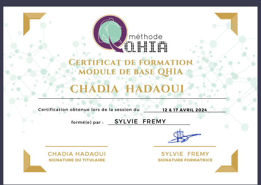 photo diplome Chadia Hadaoui - Zen’Harmonia