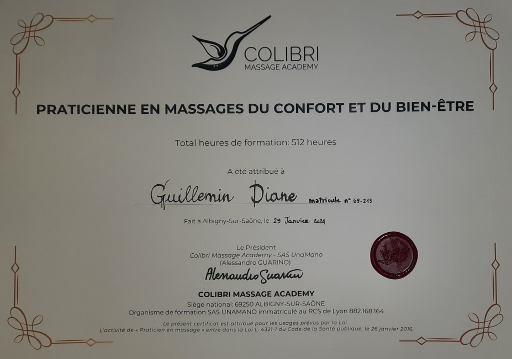 photo diplome DG Massage Bien-être et Sportif