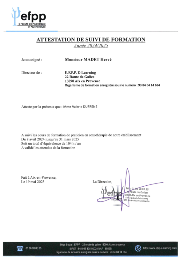 photo diplome Valérie Dufrêne - Sexothérapeute