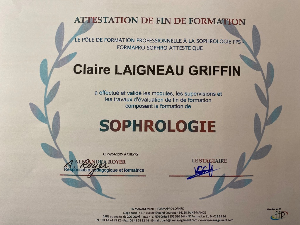 photo diplome Sophro Mancelle/Claire Laigneau Griffin