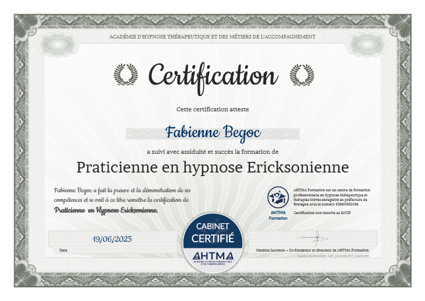 photo diplome Fabienne Bégoc Maître Praticienne Hypnothérapie