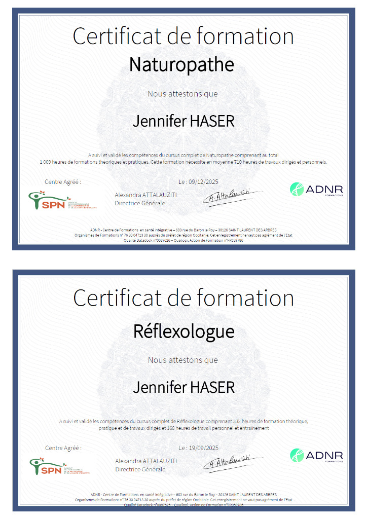 photo diplome Jennifer HASER Naturopathe Réflexologue