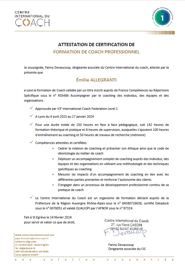 photo diplome Les Alizés Coaching, Emilie ALLEGRANTI