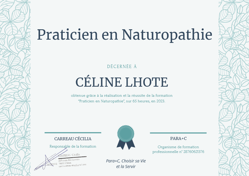 photo diplome Céline LHOTE C’Naturellement Soi