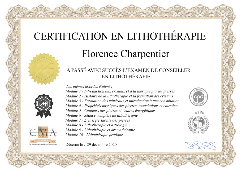 photo diplome Florence magnétisme lithothérapie 