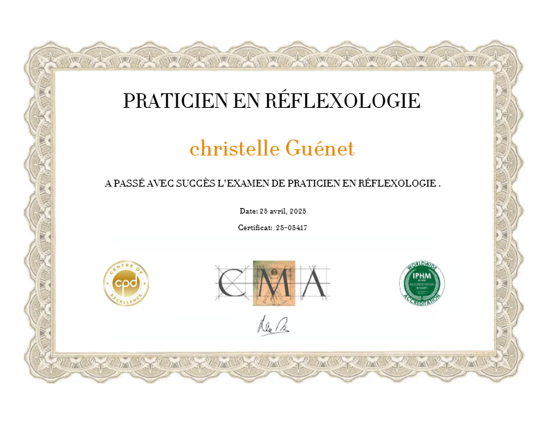photo diplome Christelle Guénet Réflexologie