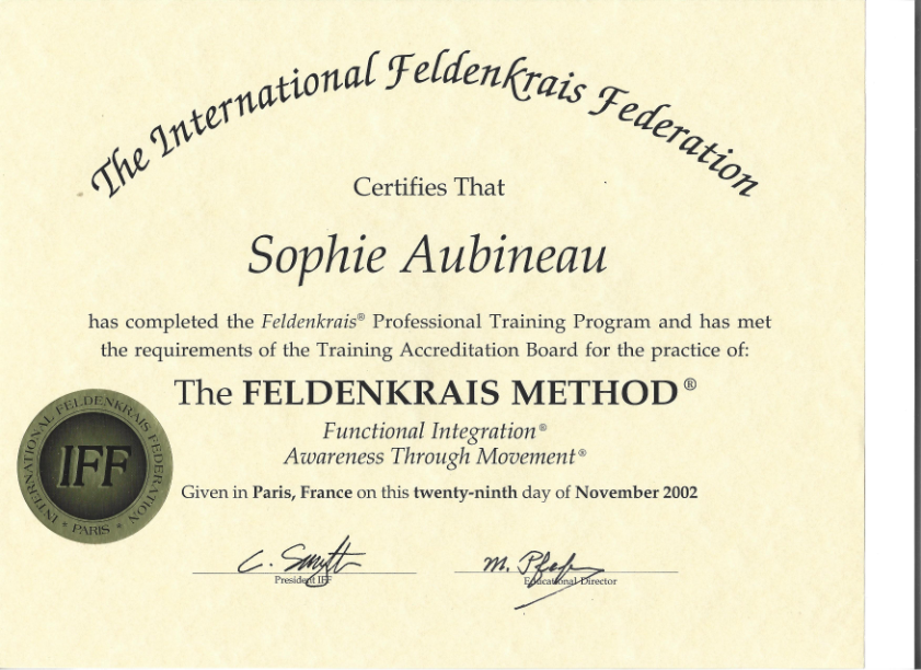 photo diplome Sophie Aubineau _  Méthode Feldenkrais