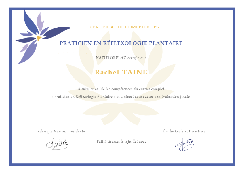 photo diplome Rachel Taine Réflexologue