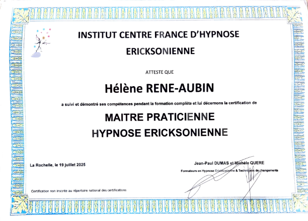 photo diplome Hélène René-Aubin HRA Hypnose
