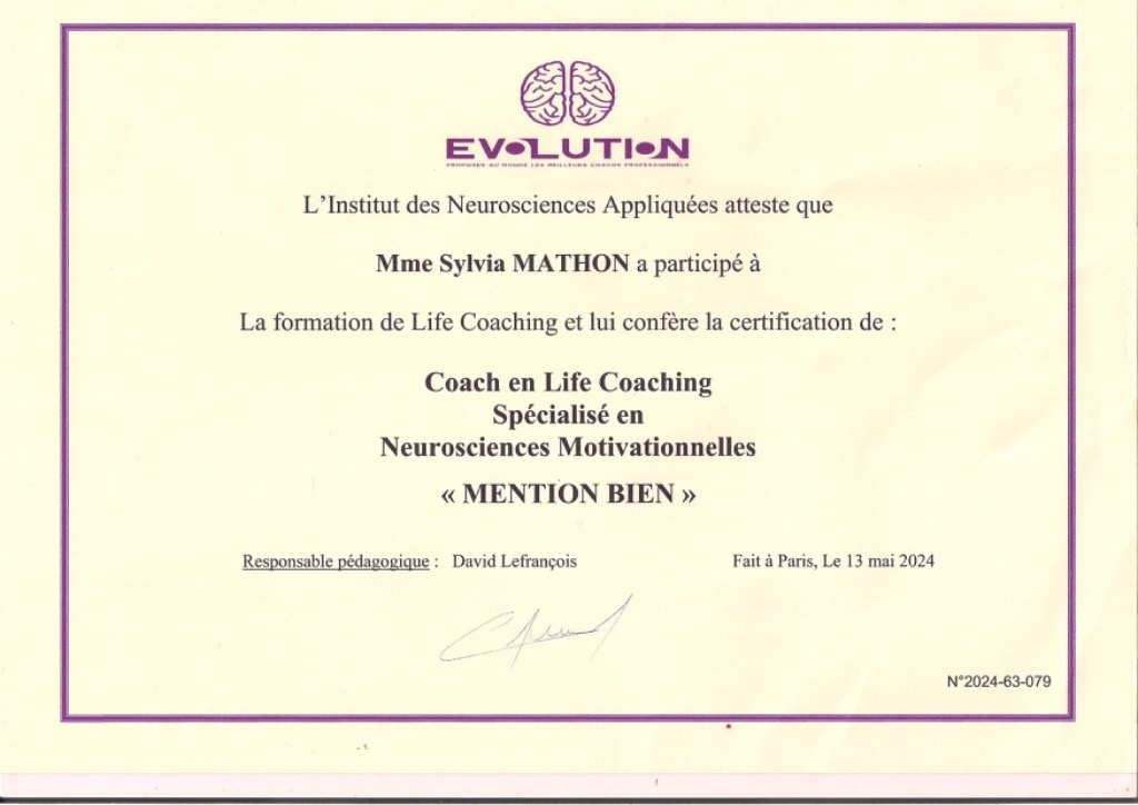 photo diplome Sylvia Mathon Coaching et Accompagnement