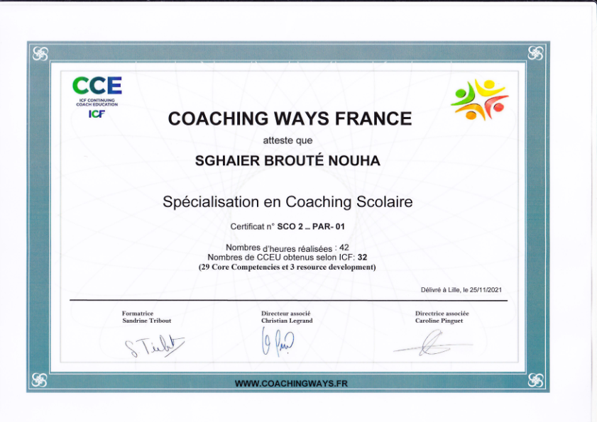 photo diplome Nouha SGHAIER BROUTÉ - Réussite en Soi