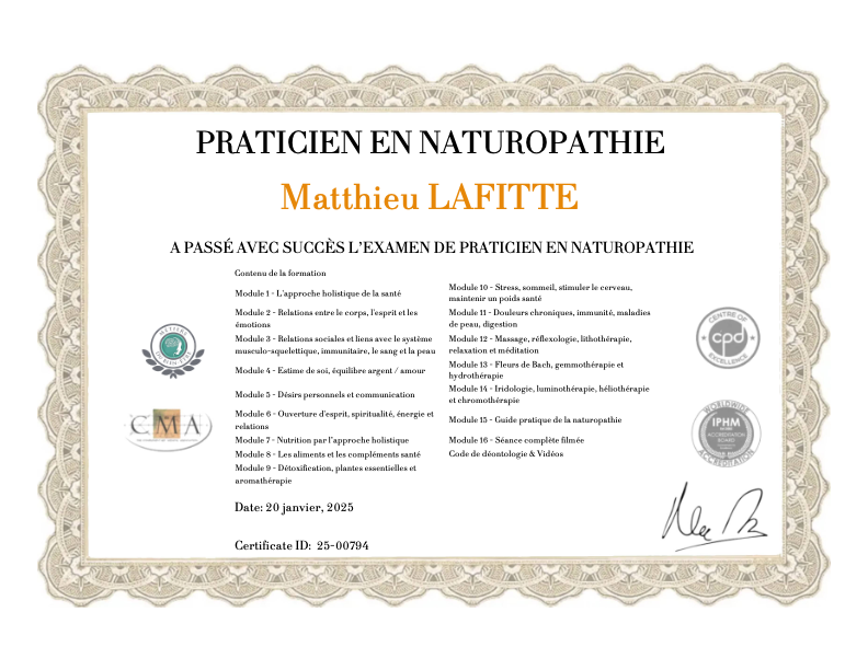 photo diplome Matthieu Lafitte Naturopathe
