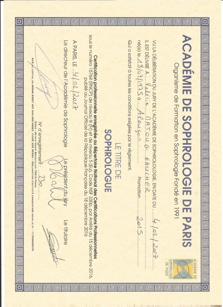 photo diplome Valérie Matoug Gaucher Sophrologue 