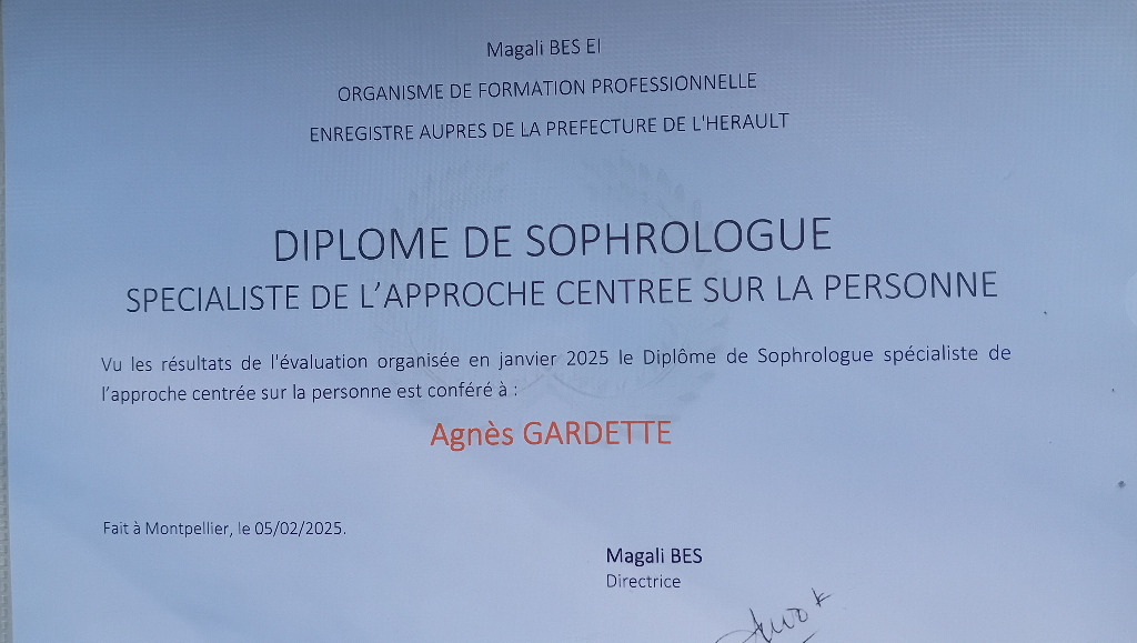 photo diplome Cabinet de Sophrologie - Agnès Gardette