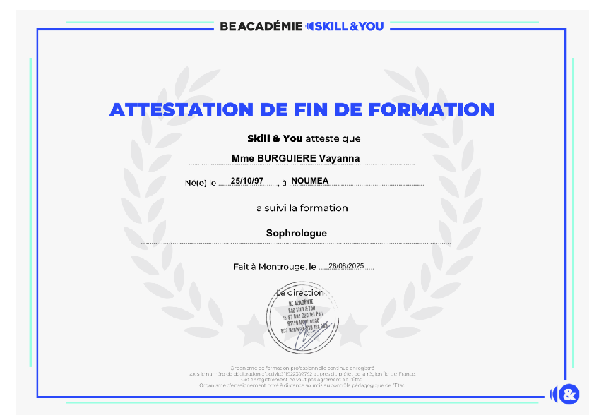 photo diplome Vayanna Sophrologue Energéticienne