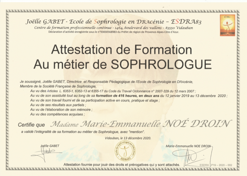 photo diplome Marielle Noé Sophrologie