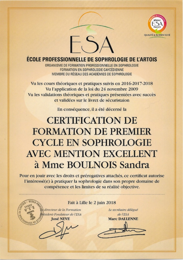 photo diplome Sandra Boulnois Sophrologue