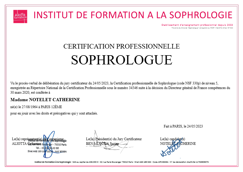 photo diplome Cathy sophrologie 