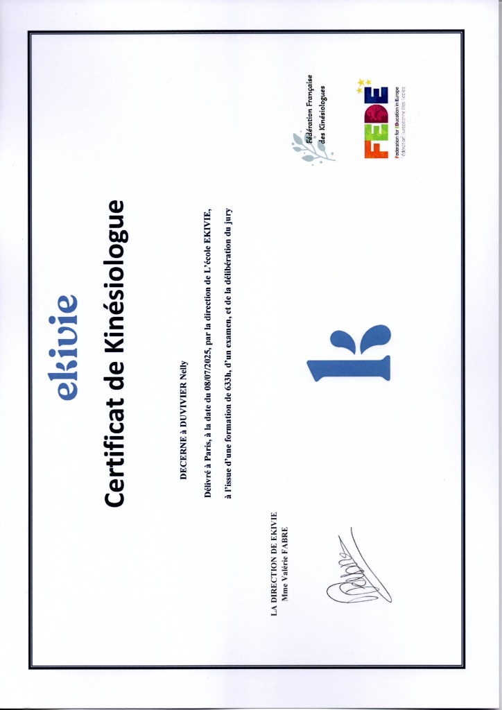 photo diplome Kinesiologie à domicile Le Croisic